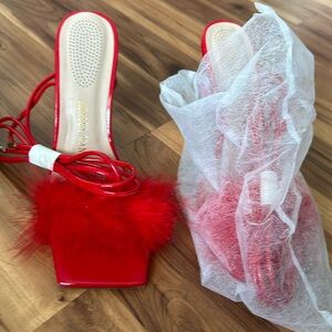 Red furry heel with clear heel